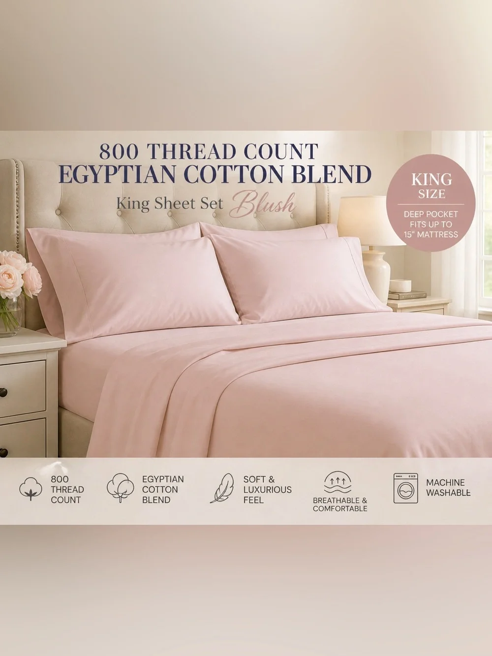 Blush Pink King Sheet Set 800TC Egyptian Cotton Blend Soft Deep Pocket